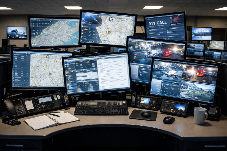 cluttered multi monitor workstation setup
