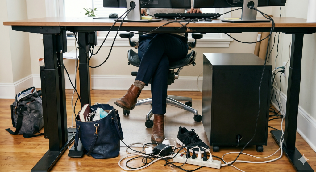 messy under desk, loose cables pedestal and purses