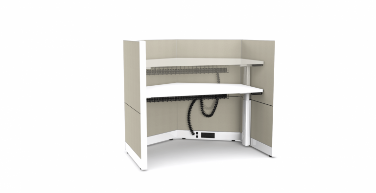 White Honeycomb sit-stand desk with acoustic panels and under desk cable management
