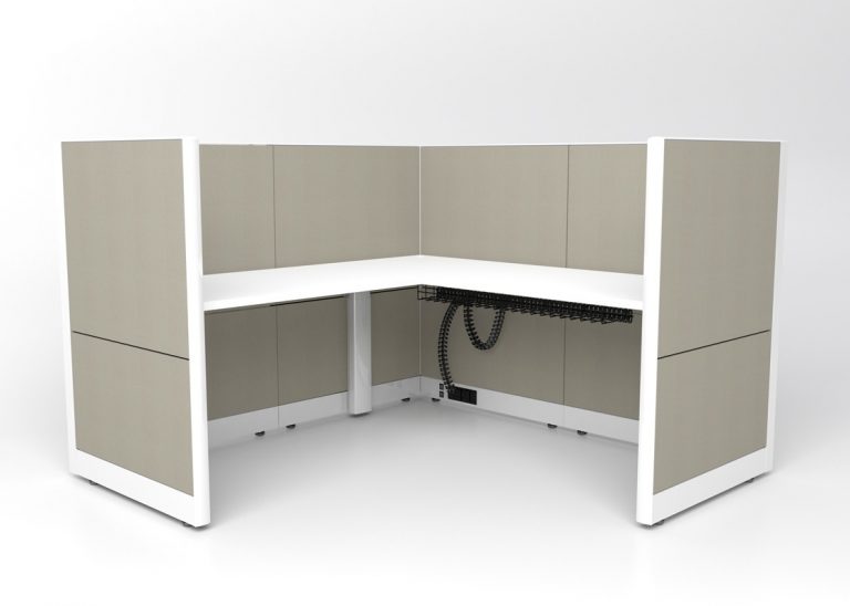White corner sit-stand desk with acoustic panels and under desk cable management