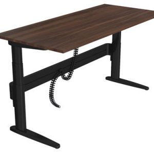 Freestanding straight sit-stand desk with black legs and dark wood desk top