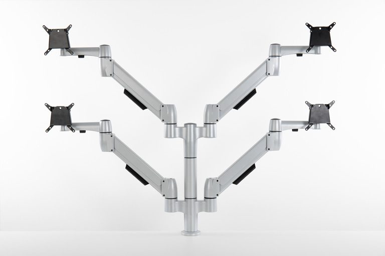 Two tier double SpaceArm monitor arms with four VESA mounts
