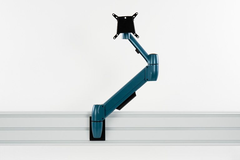Bespoke blue colour SpaceArm monitor arm mounted to SpceBeam tool rail